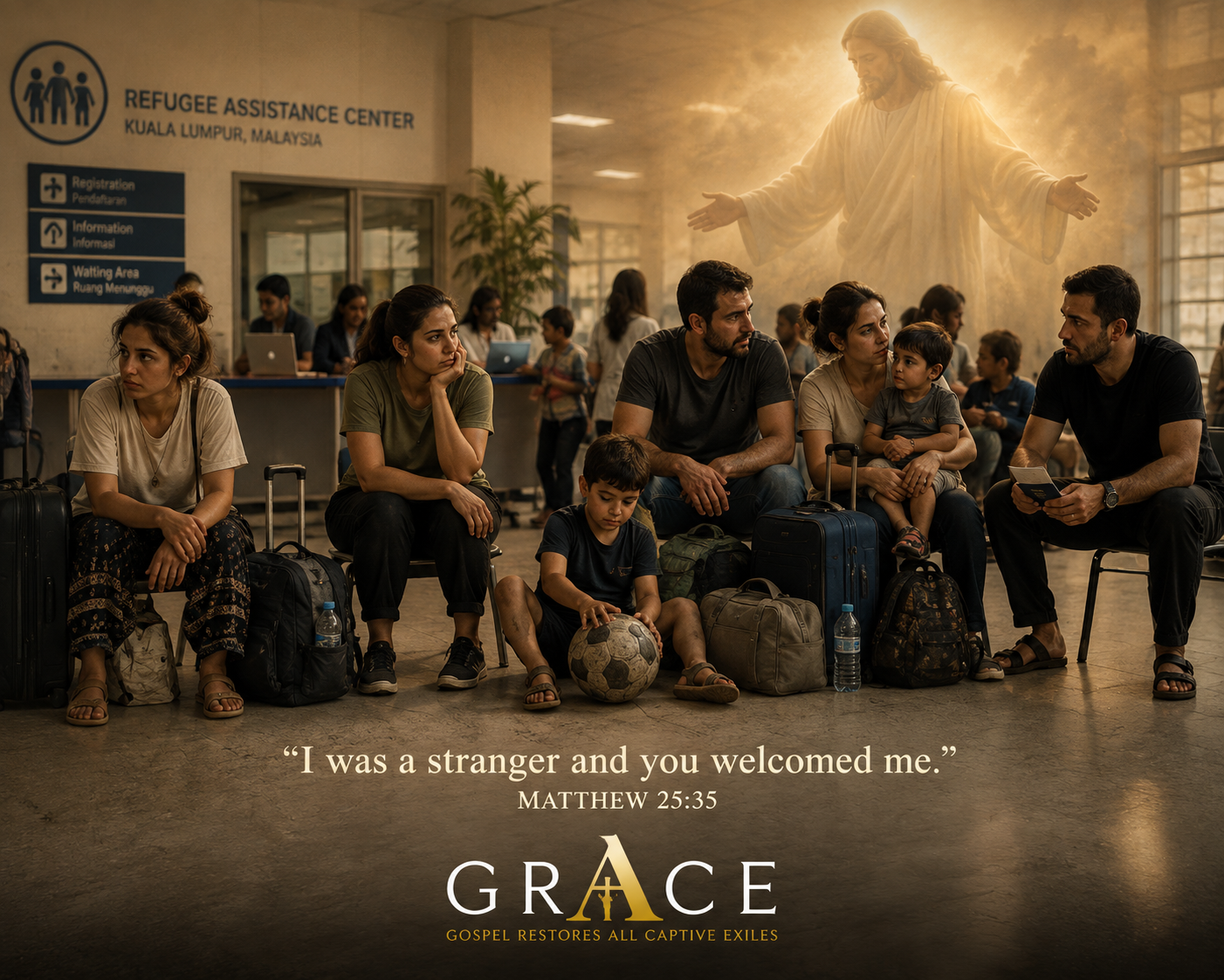 Families waiting inside a Refugee Assistance Center in Kuala Lumpur, Malaysia